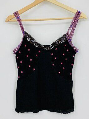 Carolina Amato Camisole Womens Medium Black Floral Beaded Lace Trim Y2K Cami
